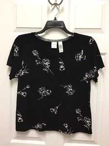 WOMEN'S EMMA JAMES TOP BLOUSE BLACK WITH WHITE FLORAL SHORT SLEEVE SIZE XL NWOT - Picture 1 of 4