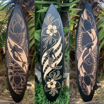Juego de 3 placas de pared decorativas para tabla de surf de sirena, tortuga marina tribal, hibisco Foto 1 de 4