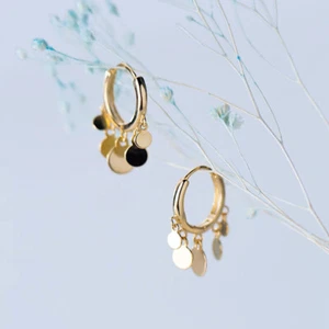 925 Sterling Silver Round Disc Drop Tassel Huggie Hoop Earrings - Picture 1 of 7