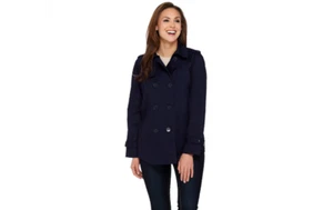 linea womens small navy button front trench coat new - Picture 1 of 7