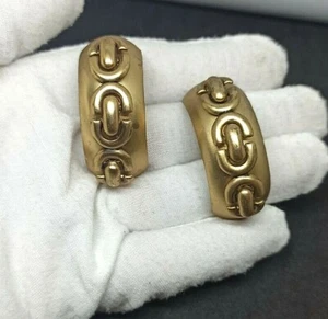 Vintage Clip Earrings J Half Hoop Gold Tone Links Runway Statement Drop 1980s - Picture 1 of 7