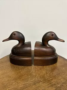 Vintage Set (2) Hand Carved Solid Wood Large Duck  Head & Half Body Bookends - Picture 1 of 5