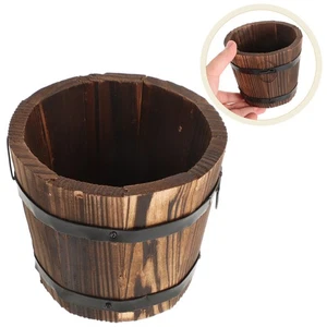 Wooden Round Barrel Planter Flower Pot Brown Flat Mouth Home Office Garden Decor - Picture 1 of 12