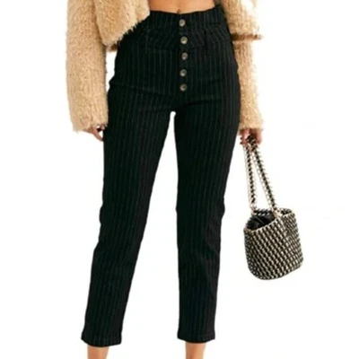 NEW Free People Montella Pinstripe Cropped Pants Size 6 Black Button Fly NWT - Image 1 of 4