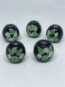 Japanese Glass OJIME Tombodama White FLOWERS & Ribbed Green Leaves on Black - Picture 1 of 18