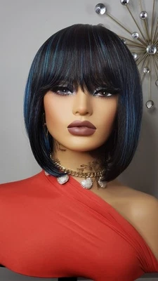 New Black Blue Highlights Bob Wrap Full Cap Wig Bangs Style Women Fashion Hair - Image 1 of 4