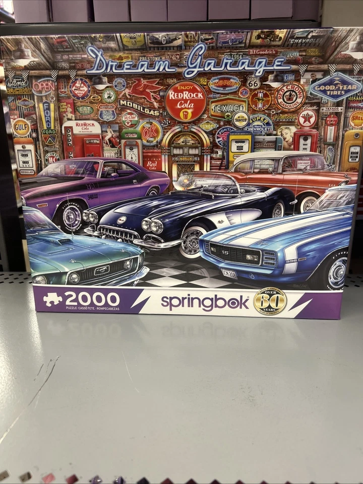 FRAMED Handmade Dream Garage Mustang Camaro Classic Car 2000pc Springbok Puzzle - Image 1 of 4