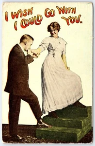 Ich wünschte, ich könnte mit dir gehen adretter Mann küsst Frauenhand 1914 antike Postkarte - Bild 1 von 2