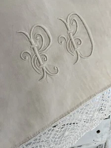 Antiker französischer langer Kaminsims Abdeckung Vorhang bestickt LEINEN Spitzenborte um 1900 - Bild 1 von 22