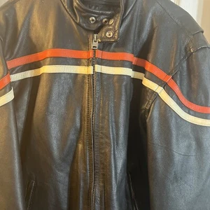Vintage INTERSTATE LEATHER Genuine Leather Striped Biker Motorcycle Jacket Sz L - Picture 1 of 11