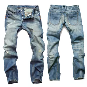 Mens Vintage Ripped Jeans Straight Leg Button Fly Washed Denim Pants - Picture 1 of 6
