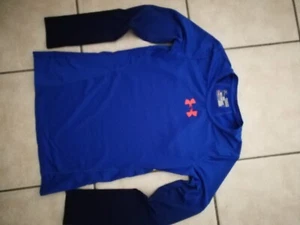 Under Armour Youth Girls Heat Gear Long Sleeve Shirt YMD M/M Blue Pink Logo - Picture 1 of 4
