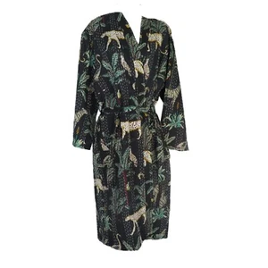 Kimono Kantha Style Handmade Cotton Sleeve Sash 2 Pockets Woman L - XL Black - Picture 1 of 12