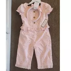 Baby Girls Little Lass Pink Eyelet Jumpsuit & Headband Size 12 18 24 months NWT - Picture 1 of 1