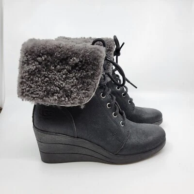 Botas UGG Zea de cuero negro gamuza piel de oveja forradas con cordones cuña puño de combate 6 Foto 1 de 4