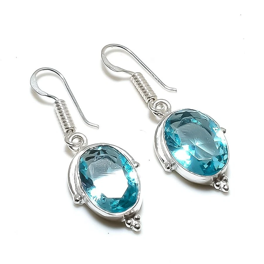 Aqua Aquamarine Gemstone Handmade 925 Sterling Silver Jewelry Earring Sz 1.75" - Image 1 of 1