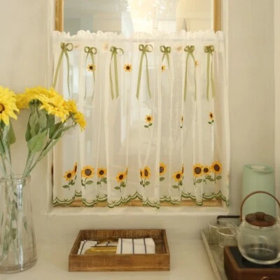 Media cortina pequeña bordada girasol para puerta de cocina armario ventana cortina Foto 1 de 4