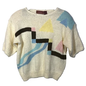 1980s White Pastel Sweater Chunky Knit Short Sleeve Blue Pink Geometric Vintage - Picture 1 of 8