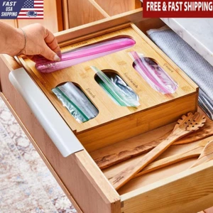 Bamboo Plastic Bag Storage Organizer Drawer Eco-Friendly Kitchen 4 Compartments - Picture 1 of 10
