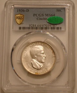 1936-D CINCINNATI Commemorative Half Dollar PCGS MS 64 CAC GREEN Gold Shield - Picture 1 of 8