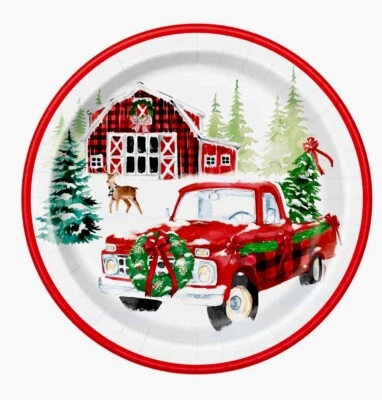 "Platos de papel de cena de Navidad vintage rojo camión, 9"" redondos, paquete de 16, NUEVO Foto 1 de 2