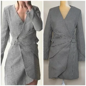 NWT Jason Wu Houndstooth Pleated Wrap Blazer Dress Size M Black White Pockets - Picture 1 of 15