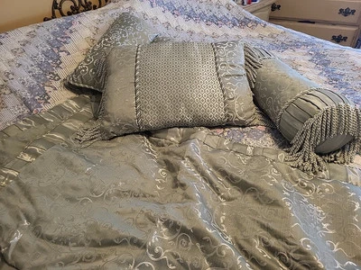 5 Pc Sage Green Satin Brocade Pillow Set With Two King Pillow Shams Gorgeous - Image 1 of 4