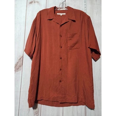 Camisa Perry Ellis Para Hombres Seda Abotonada Manga Corta Marrón Estampado Palma Talla M Foto 1 de 4