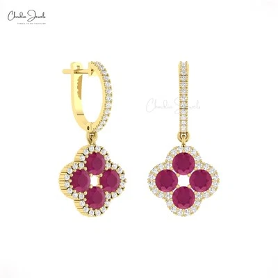 Floral Latch Back Dangle 3 CT Ruby And Diamond 14k Gold July Birthstone Earrings - Image 1 of 4
