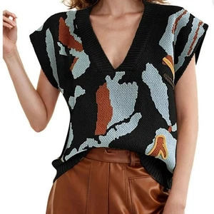 women’s medium pullover v-neck short sleeve vest color block casual vintage look - Picture 1 of 12