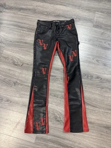 Valabasas Black Red V-Patch Stacked Flared Pu Leather Jeans Size 29 - Picture 1 of 5