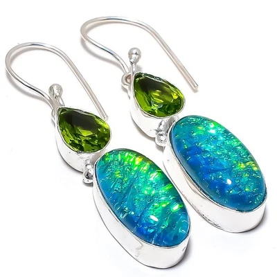 Triplet Fire Opal, Peridot Gemstone 925 Sterling Silver Jewelry Earring 2.2" - Image 1 of 4