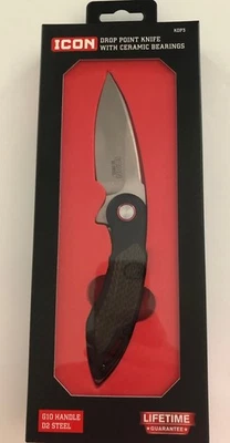 ICON KDP3 DROP POINT KNIFE WITH CERAMIC BEARINGS D2 STEEL G10 HANDLE NEW IN BOX  - Image 1 of 4