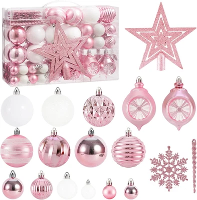 100PCS Shatterproof Pink and White Christmas Tree Ornament Set with Topper - Image 1 of 4