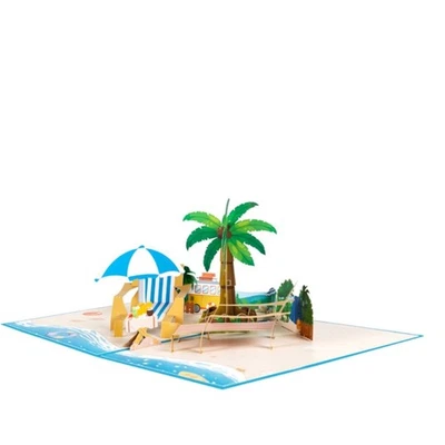 3D Popup Card Beach Ocean Palms Tree Vacation Greeting Cards for Retirement - Image 1 of 4