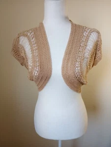 Say What? Girls Sweater Tan/Beige Large Crochet Cap Sleeve Open Front - Picture 1 of 7
