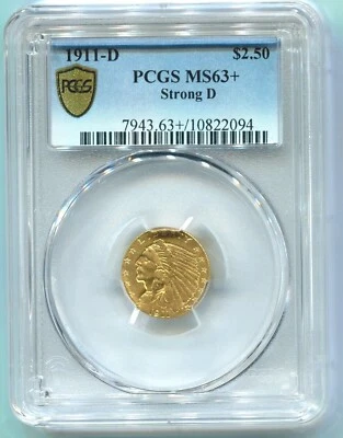 1911-D $2.5 INDIAN PCGS MS63+ MS-63 + PLUS Premium Quality PQ STRONG D KEY DATE - Image 1 of 3