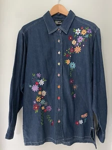 New Silver Threads Boho Chic Embroidered Floral Denim Jacket Size Medium - Picture 1 of 6
