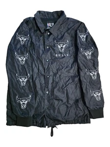 Chicago Bulls Jacket Mens Medium Black Windbreaker Full Snap Double Sided - Picture 1 of 5