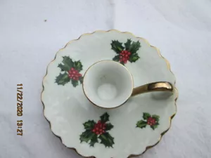 Vintage Lefton Weihnachten Stechpalme Beere Untertasse Goldrand Kerzenhalter Japan #7945 - Bild 1 von 2
