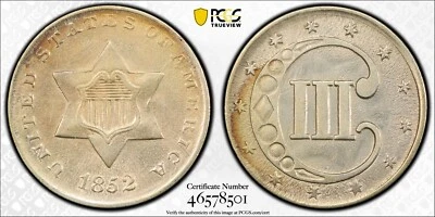1852 Three 3 Cent Silver 3CS PCGS Certified GENUINE AU Details ESTATE Coin 1712 - Image 1 of 4