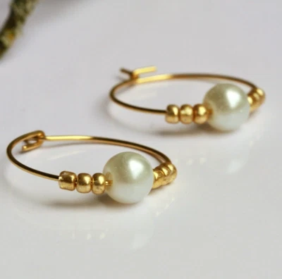 Ohrring Creole Perlen Edelstahl vergoldet Geschenkidee Frau Freundin Mutter - Bild 1 von 4