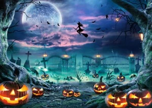 7X5ft Halloween Backdrop Full Moon Night Witch Bat Pumpkin Lantern Photograph... - Picture 1 of 6