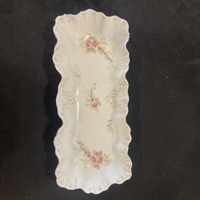 TRAY/DISH DECORATIVE Vintage Porcelain w/Pink Flowers & Gold Trim - Image 1 of 4
