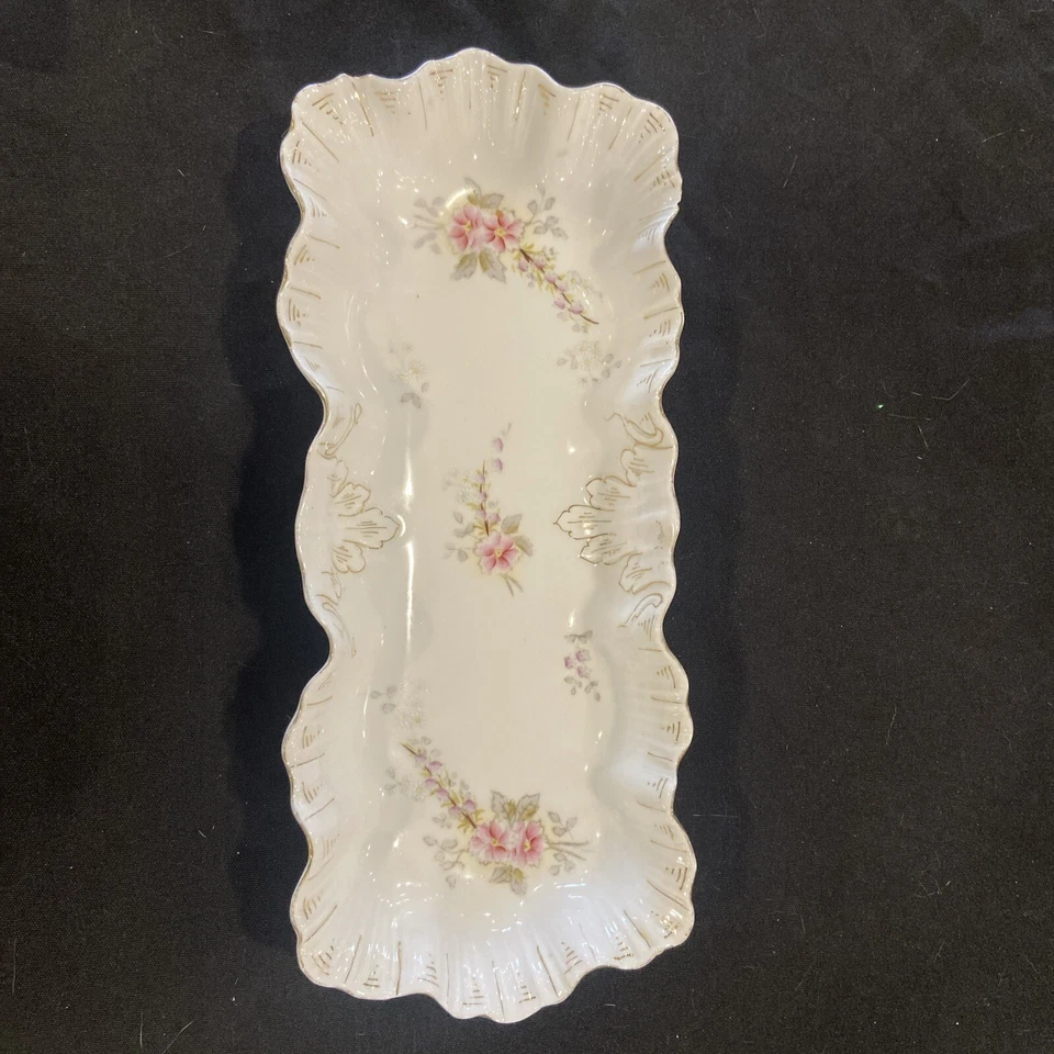 TRAY/DISH DECORATIVE Vintage Porcelain w/Pink Flowers & Gold Trim - Image 1 of 4