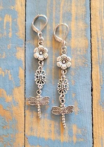DRAGONFLY Flower Link Earrings, Stainless Steel Lever Back Earwires - Picture 1 of 12
