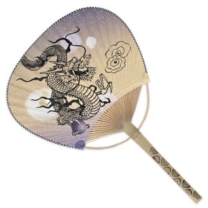 Japanese Uchiwa Flat Fan Hand Held Bamboo Handle Fortune Dragon Made in Japan - Picture 1 of 1
