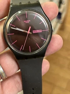 Swatch watch AG 2010 41mm Black with pink indices day date new battery Nice! - Picture 1 of 10