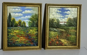 Paar gerahmte Landschaft Ölgemälde 14” x 18” lebendige Farben Mohn EUC Gold - Bild 1 von 11