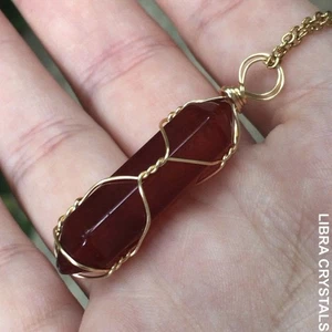 Garnet Burgundy Red Wire Wrapped Point Wand Pendant Necklace Chain - Picture 1 of 5